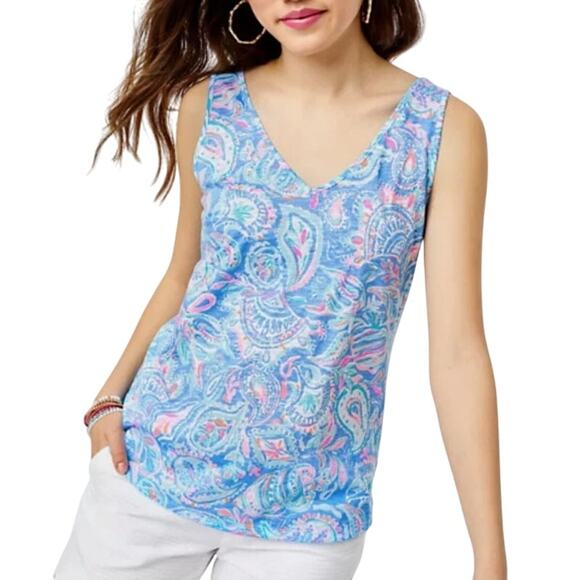 Lilly Pulitzer M NEW Gigi Tank Zanzibar Blue Fish Kiss Tropical Vacation Coastal - Picture 1 of 9